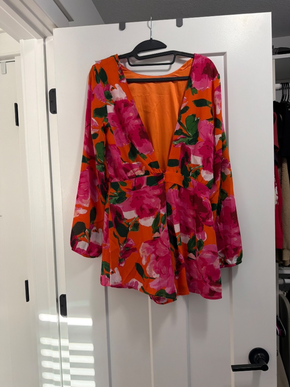 Lulus Sweetest Song Orange Floral Print Backless Long Sleeve Romper - Size S - Picture 3 of 3